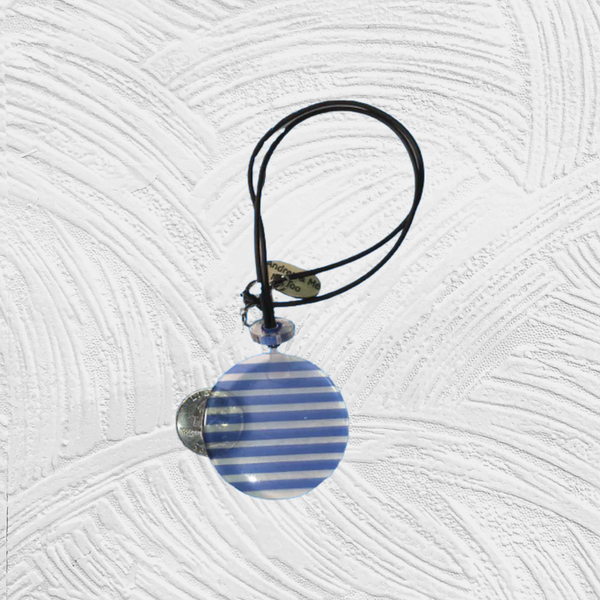 Blue striped acrylic pendant necklace. 19 inches long with 2 inch pendant on black cord. Express your individuality with the handcrafted art to wear clear acrylic pendant necklaces from The Pretty Pendants Collection at www.andreaandme.com