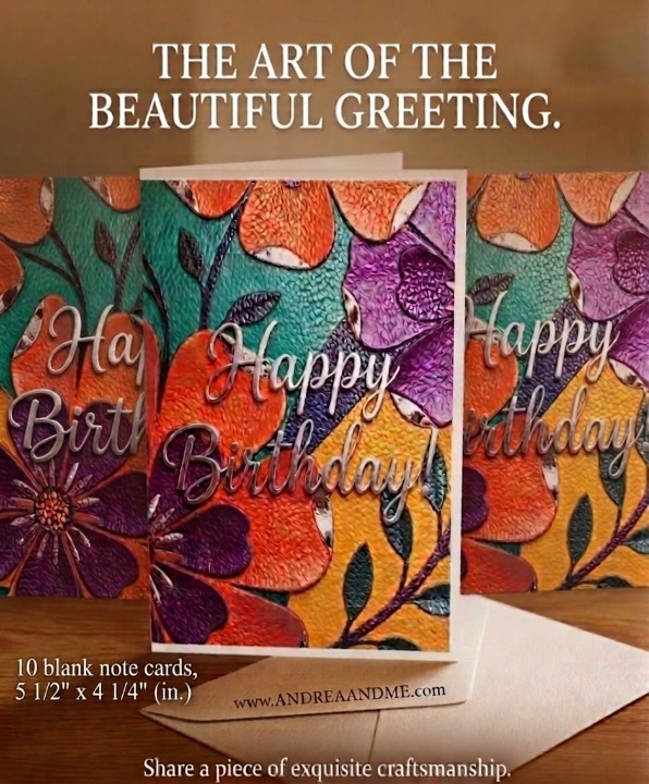 Andrea and Me and Me Too Luxe Note Art Cards:  A set of 10 blank Happy Birthday greeting cards featuring colorful, embossed style floral patterns.  Exquisite craftsmanship stationery measuring 5.5 by 4.25 inches at www.andreaandme.com