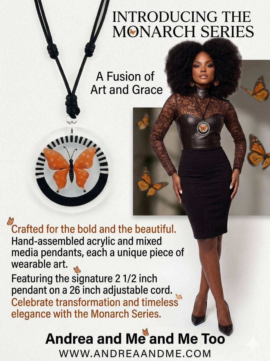 Model wearing the butterfly pendant necklace  The butterfly has white polka dots and is encased with a black and white rim set on a clear acrylic base from The Pretty Pendants Collection.  Shop www.andreaandme.com