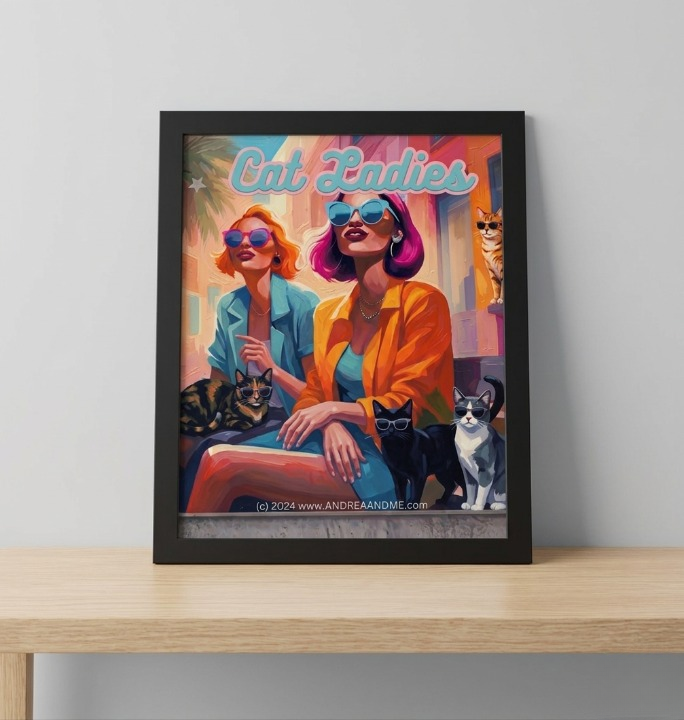 A whimsical, vibrant art poster titled "Cat Ladies". The artwork features two stylish women wearing colorful blazers and bold sunglasses surrounded by four fashionable cats.  Shop at www.andreaandme.com