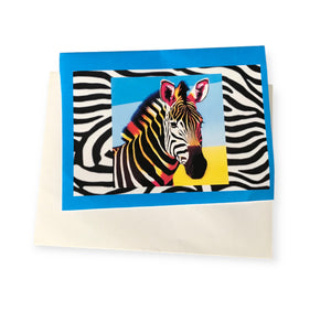 Beautiful zebra with blue background and envelope art note card from Andrea and Me and Me Too.  Shop at www.andreaandme.com