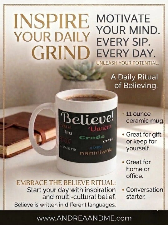 11 ounce ceramic coffee with the word Believe! written in different languages.  Inspirational and motivating message to remind you to always believe in yourself.  Great gift for coworkers or friends.  Shop www.andreaandme.com