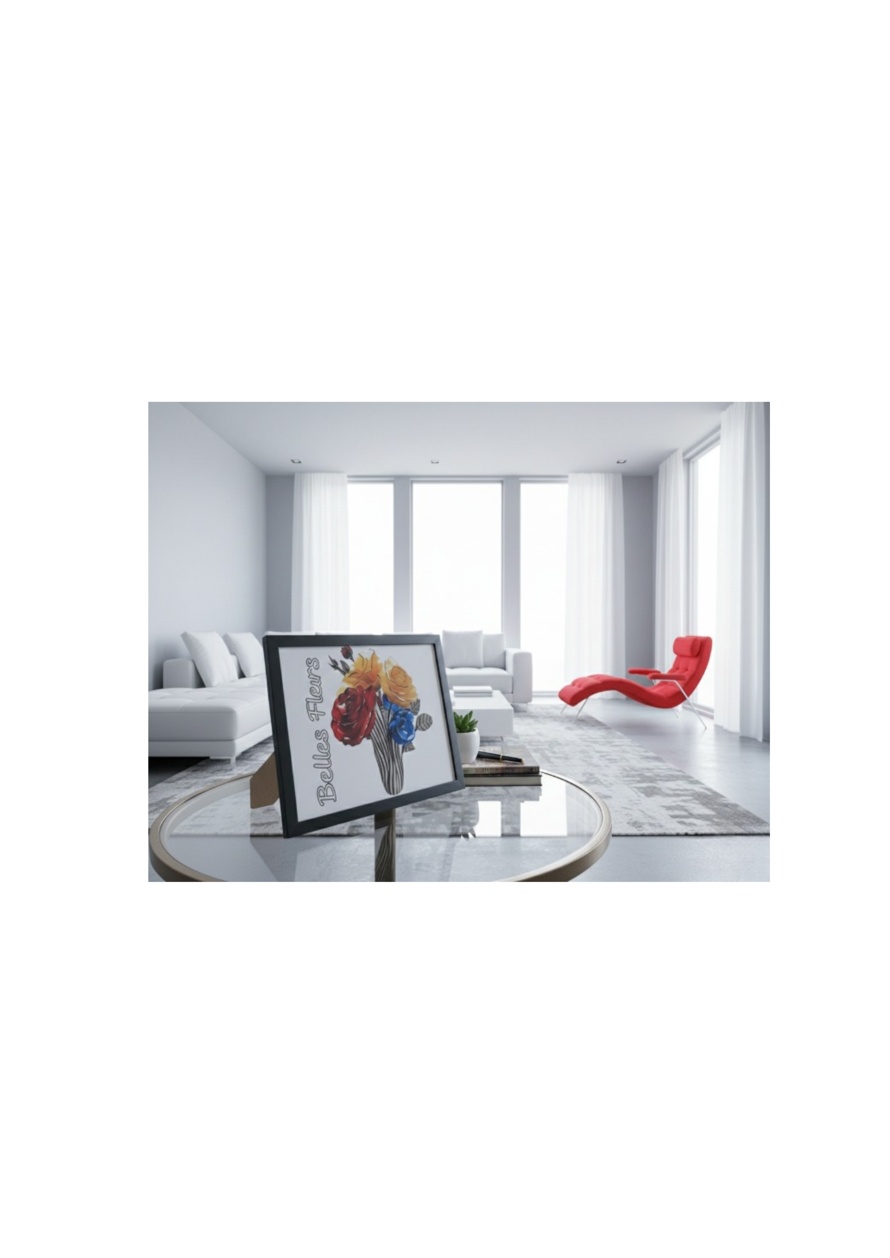 A modern living room banner featuring the "Belles Fleurs" framed desk art on a glass coffee table, showing a bouquet of red, blue, and yellow flowers in a zebra-striped vase against a minimalist white interior with a red lounge chair.  Belles Fleurs art available at www.andreaandme.com