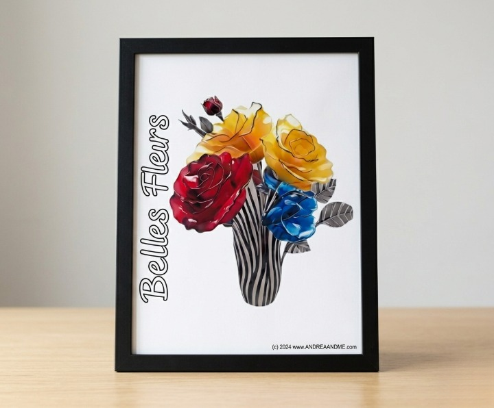 Front view on a table of Belles Fleurs (flowers) framed artwork of colorful flowers in a zebra-striped vase with.  Shop at:  www.andreaandme.com