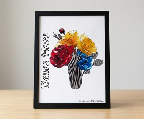 Front view on a table of Belles Fleurs (flowers) framed artwork of colorful flowers in a zebra-striped vase with.  Shop at:  www.andreaandme.com