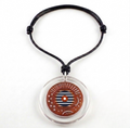 Front view of an orange and white and blue Celestia acrylic and mixed media pendant necklace. A handcrafted necklace featuring a 2 ½ inch round pendant. The pendant is mixed media and acrylic and has intricate patterns and lines and small circular indentations and  horizontal blue and white stripes and a central white dot. The pendant is hung on a black, 26-inch adjustable cord with sliding knots.  Shop at www.andreaandme.com