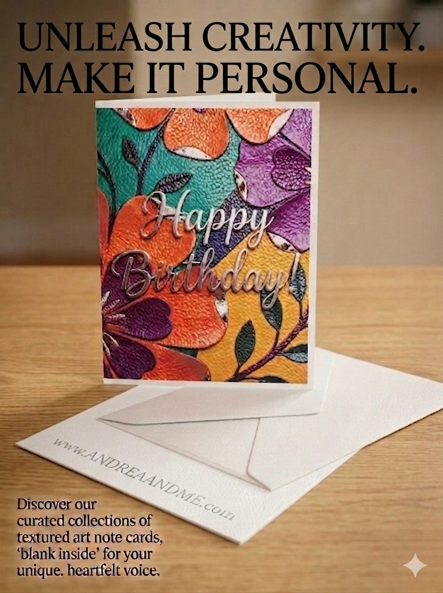 Close-up of luxe Happy Birthday card from Andrea and Me and Me Too luxe collection of note cards with vibrant floral textures and silver accents.