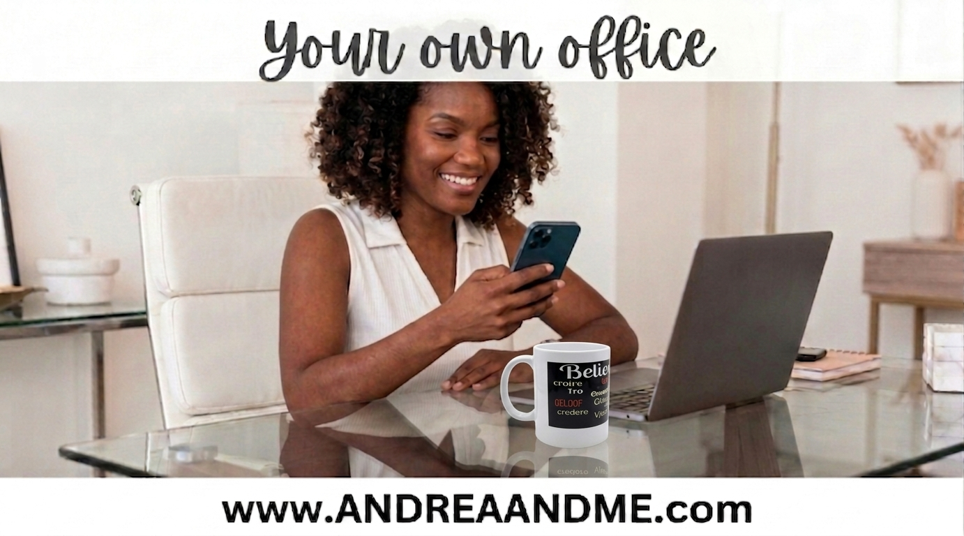 Woman on cell phone in her new office with the Believe! mug. Shop at www.andreaandme.com