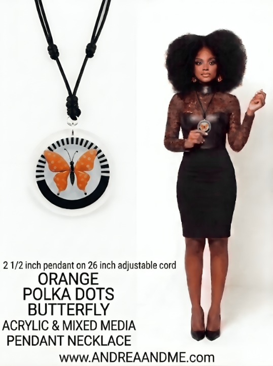 Add a playful pop of color to your wardrobe with this whimsical butterfly pendant necklace featuring an orange butterfly adorned with white polka dots.  This mixed-media piece is surrounded by a clear acrylic disc set against a stylish geometric background of black and white stripes.  Great for work or play.   Shop at: www.ANDREAANDME.com