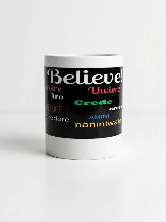 A front view of the white 11-ounce ceramic mug featuring a wide black wrap-around band. The word "Believe!" is prominently displayed at the top in large, white cursive script. Below it, the word is translated into various languages. The design is clean and inspirational, set against a bright, minimalist white background.   Shop www.ANDREAANDME.com