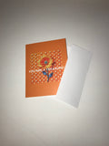 Front view of an orange and white polka dot note card with a white envelope.  Orange floral, flower design with crystals on white polka dots background and white envelope from the Luxe Note Cards Collection.  Shop at: www.andreaandme.com