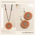 Art Deco Handcrafted Wooden Jewelry Set – Orange Sunburst Spiral Earrings & Pendant Necklace