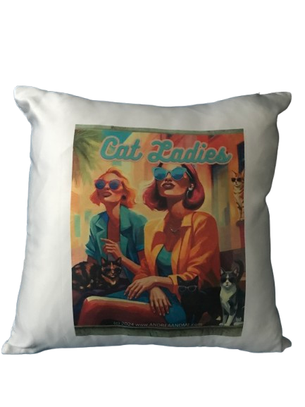 Retro Art Deco Cat Ladies illustration on a white square throw pillow cover  15x15 inches.  Shop now at:  www.andreaandme.com