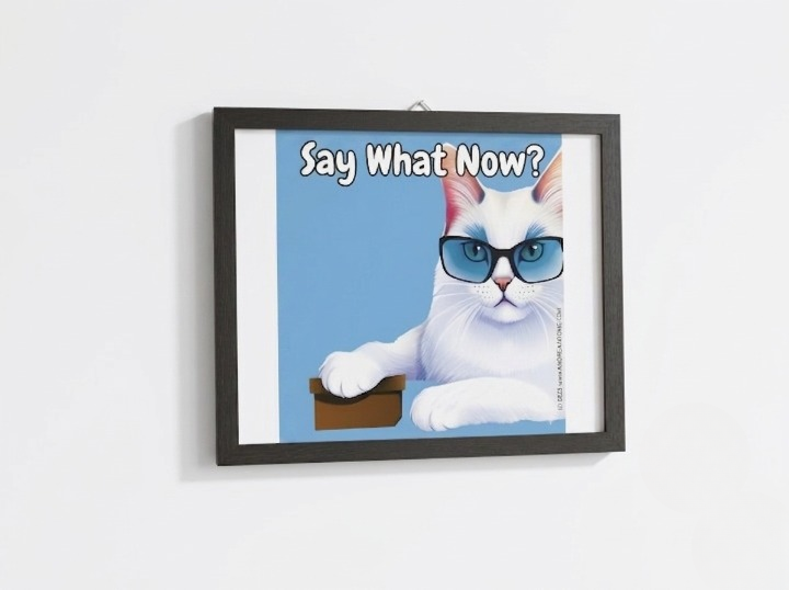 "Say What Now?" Funny Cat Wall Art - Cool White Cat in Sunglasses Poster, Modern Animal Decor for Office or Living Room. Shop at www.andreaandme.com