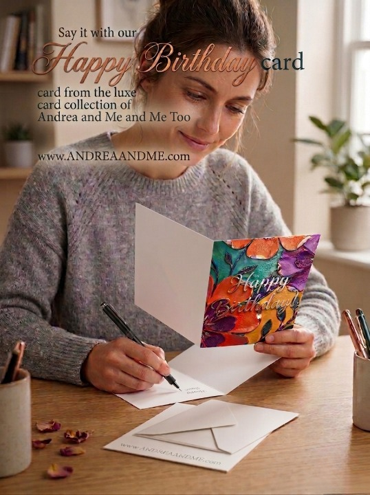 The beautiful art note card Happy Birthday greeting.  Luxury note card, that is artist-inspired.  The cards are blank inside so you can add your own sentiments. 10 cards/envelope.  Size: 5 1/2 x 4 1/4 inches.  Front Message: Happy Birthday.  Blank inside.  Shop at www.ANDREAANDME.com