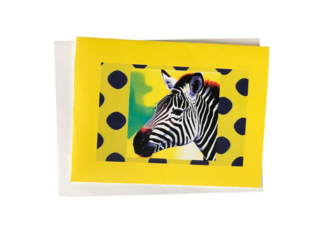 Zebra on yellow with polka dots art note card from Andrea and Me and Me Too. Shop at www.andreaandme.com