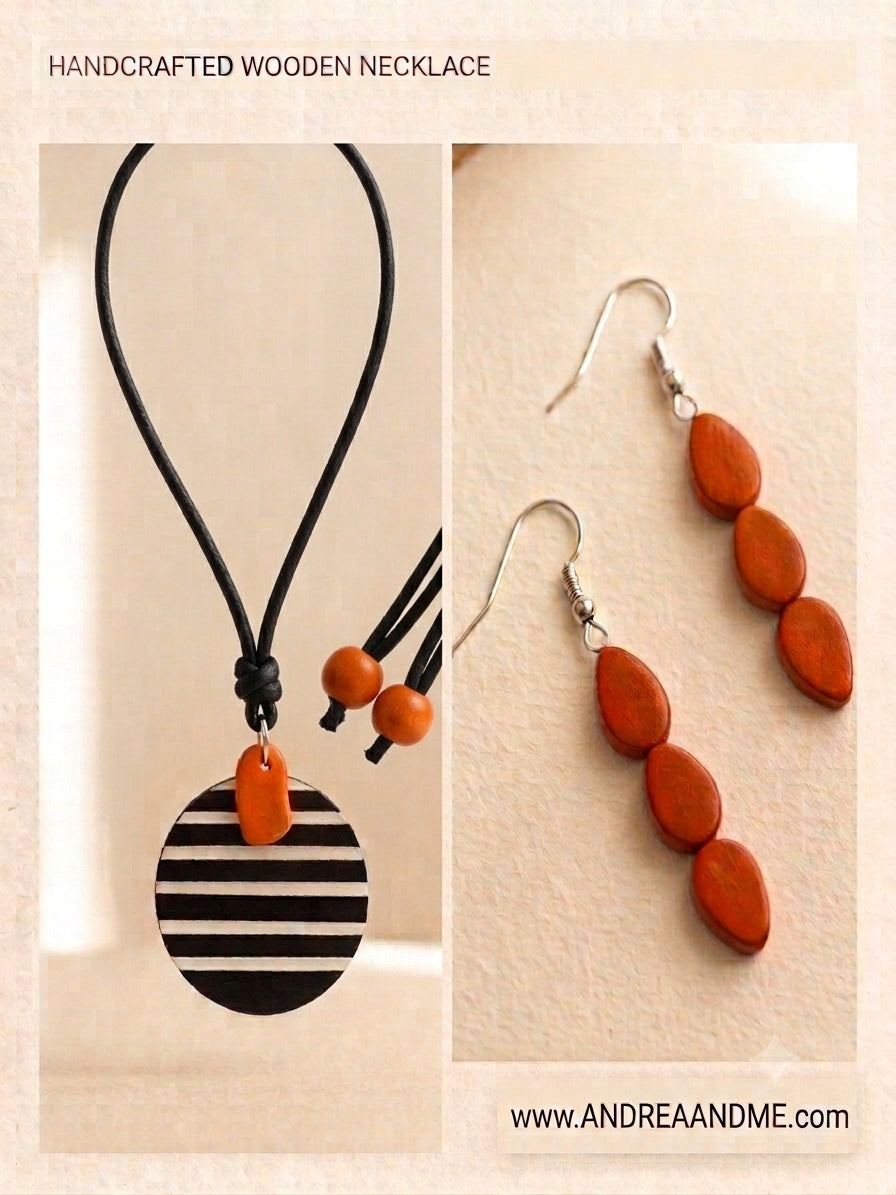 Art Deco Black and White Striped Wood Pendant Necklace /Earrings Set Tie-Back with Orange Accent