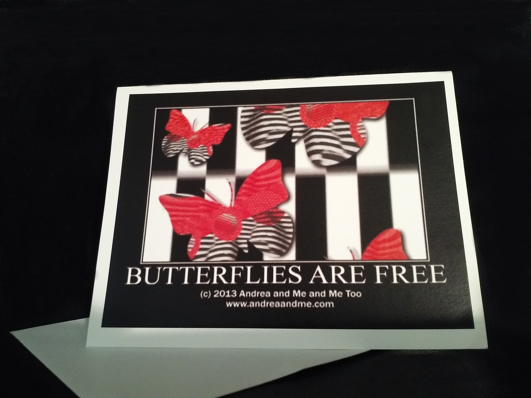 Red and Black Striped Butterflies are Free in bold letters. The butterflies are black and white striped with red top, These note/art cards greeting cards are blank inside with 10 envelopes and 10 cards from Andrea and Me and Me too at www.andreaandme.com